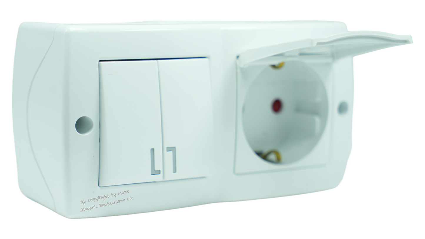 Serienschalter mit Steckdose und Klappdeckel + Kindersicherung