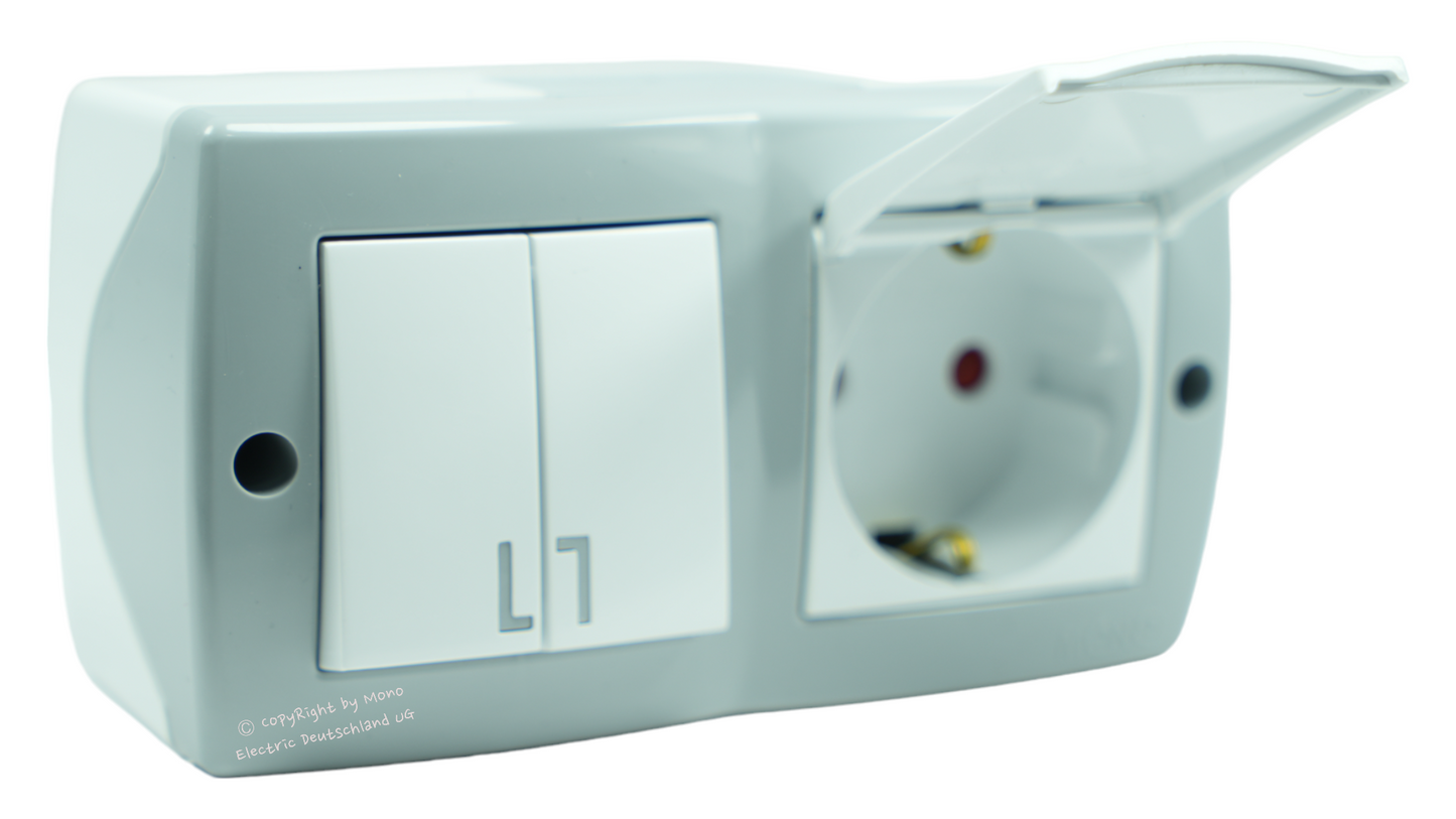 Serienschalter mit Steckdose und Klappdeckel + Kindersicherung
